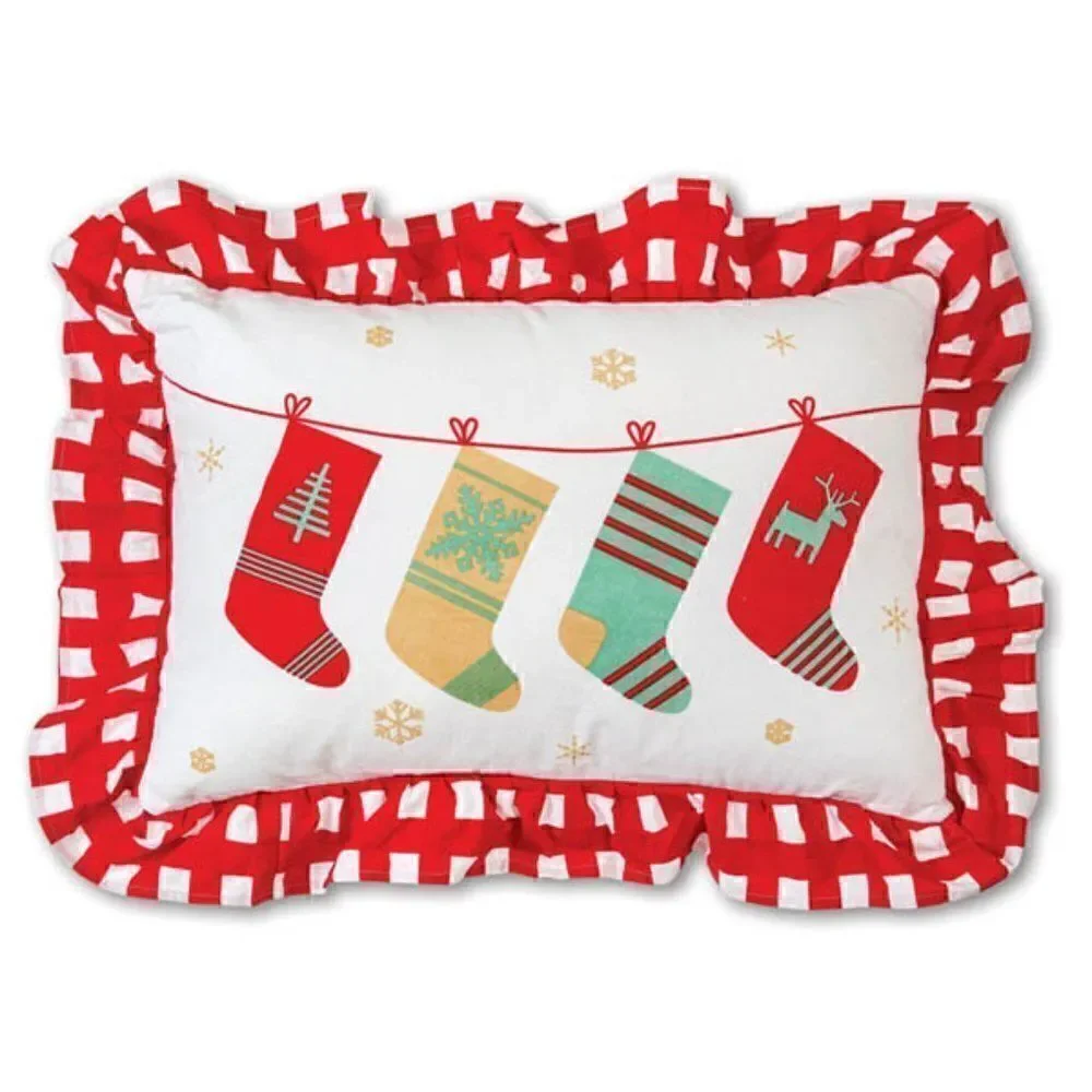 Christmas Stocking Buffalo Plaid Large Ruffled Throw Pillow Holiday Cottage New
